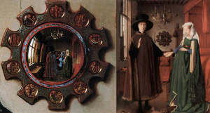 Jan van Eyck, Giovanni Arnolfini and his fiance, 1434 (right) and mirror detail (left) 